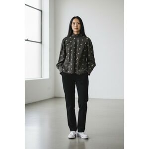 Caliban Italy Women Brown Green Polka Dot Mock Neck Puff Sleeve Blouse 46